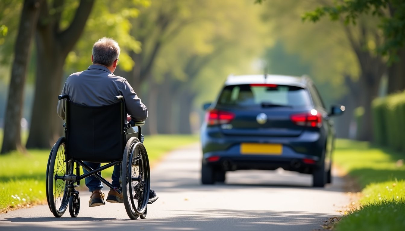 Wheelchair user on a level pavement beside a car