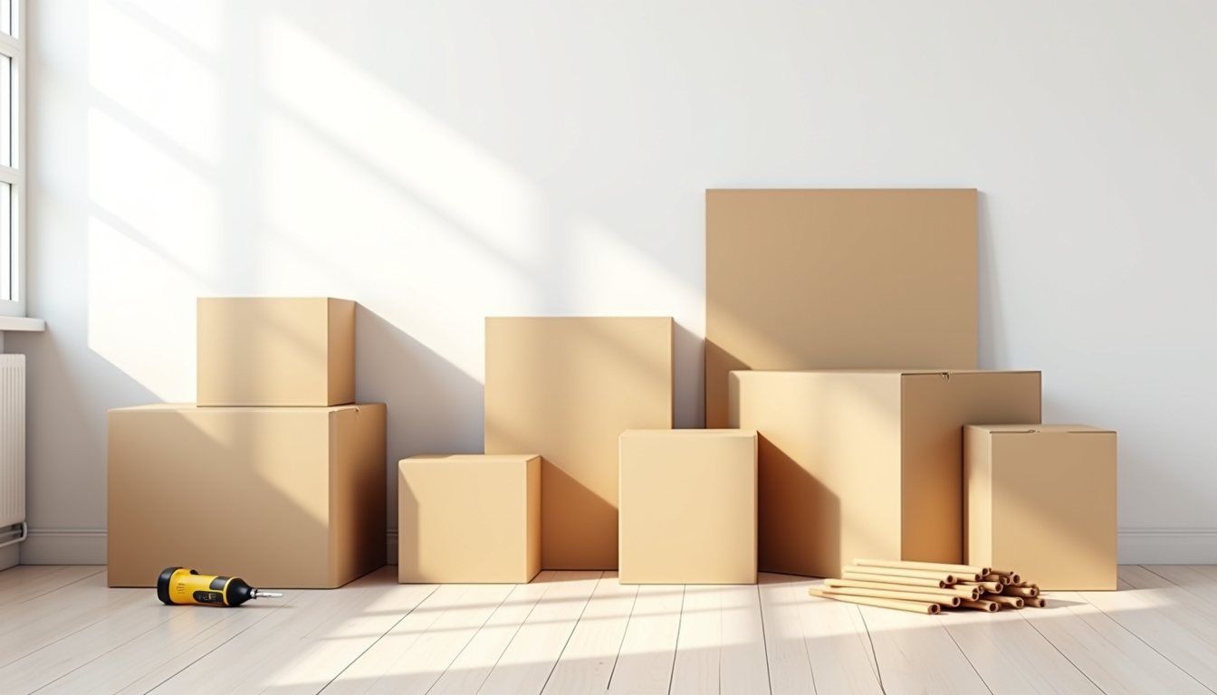 Flat cardboard boxes against a wall